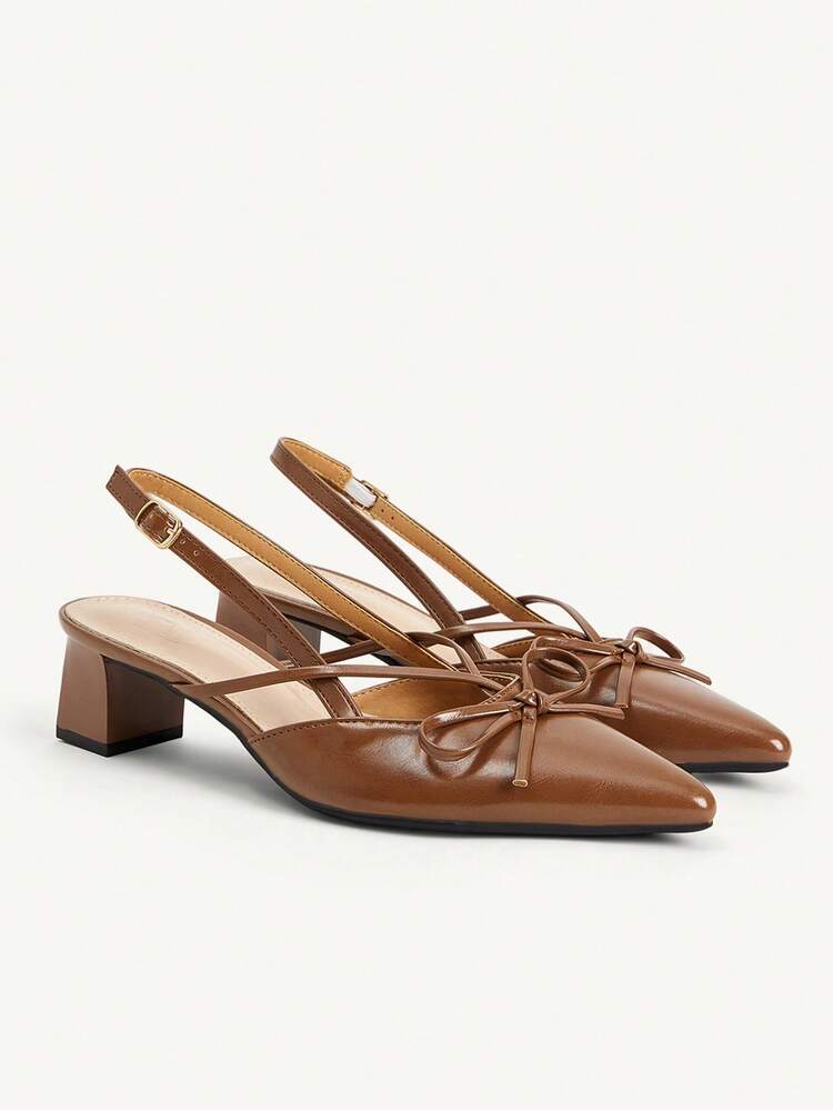 CUCCOO CHICEST Brown Pointed Bow Slingback Thick Heel Sandals, Workplace Commuting Temperament Shoes