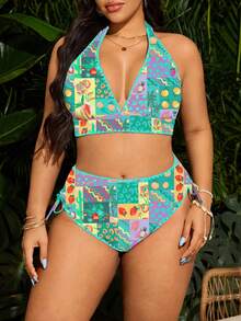 SHEIN Swim Curve 大尺碼女款性感比基尼兩件式泳衣，特殊面料花卉飾邊，海灘派對度假泳裝 - 淺藍色 - 查看 1