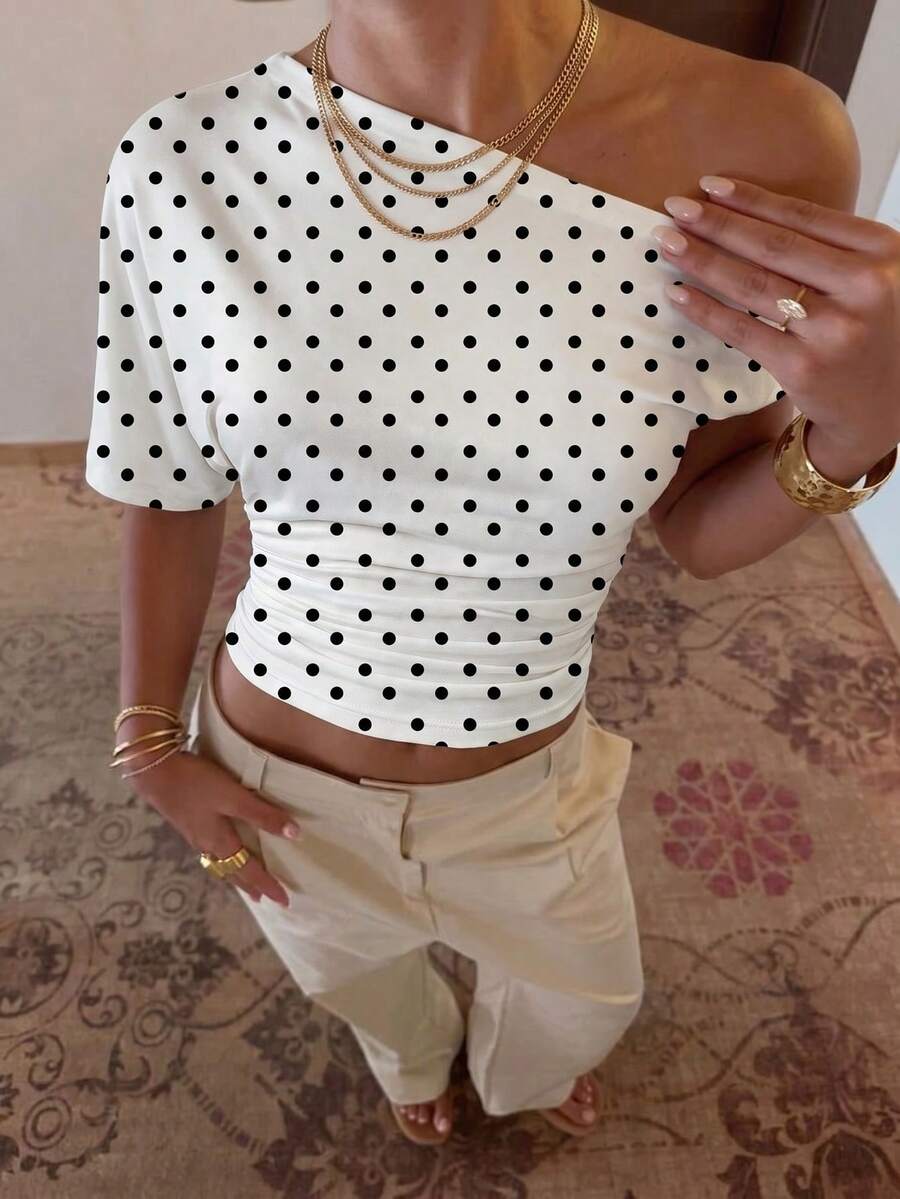 Aloruh Women's Polka Dot Ruched Asymmetric Neck Casual Versatile Daily Wear T-Shirt,Summer Top - White - View 1