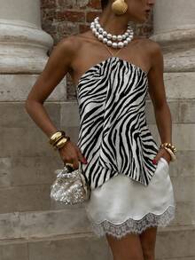 Aloruh Women's Elegant Vacation Style Zebra Print Tie-Up Halter Neck Beach Vacation Top - White - View 4