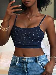 Livesso Summer Sexy Ditsy Floral Camisole Top With Built-In Padded Bra For Women - Navy Blue - View 6