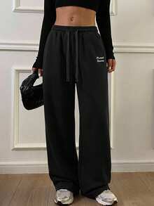 Dazy Designer Women's Pink Letter Printed Drawstring Design Long Pants - Black - View 7