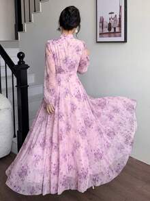 Modelyn 女士蓝色系带领褶皱腰身连衣裙，适合春秋季户外穿着 - 紫色 - 查看 2