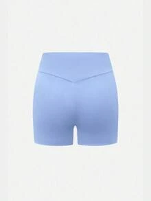 Teen Girls' Foggy Blue High-Waist Athletic Shorts, Made From High-Stretch Form-Fitting Fabric With A Sleek And Supportive Design, Perfect For Spring And Summer Activities Including Running, Gym Workouts, And Casual Sporty Wear - Dusty Blue - View 6