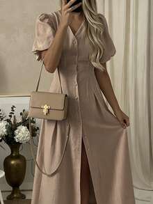 EMERY ROSE Women's Solid Color Short Puff Sleeve Single-Breasted Elegant Jumpsuit - Khaki - View 4