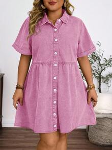 EMERY ROSE Plus Size Women's Vintage Washed Denim Snowflake Print Dress, Spring/Summer - Baby Pink - View 6