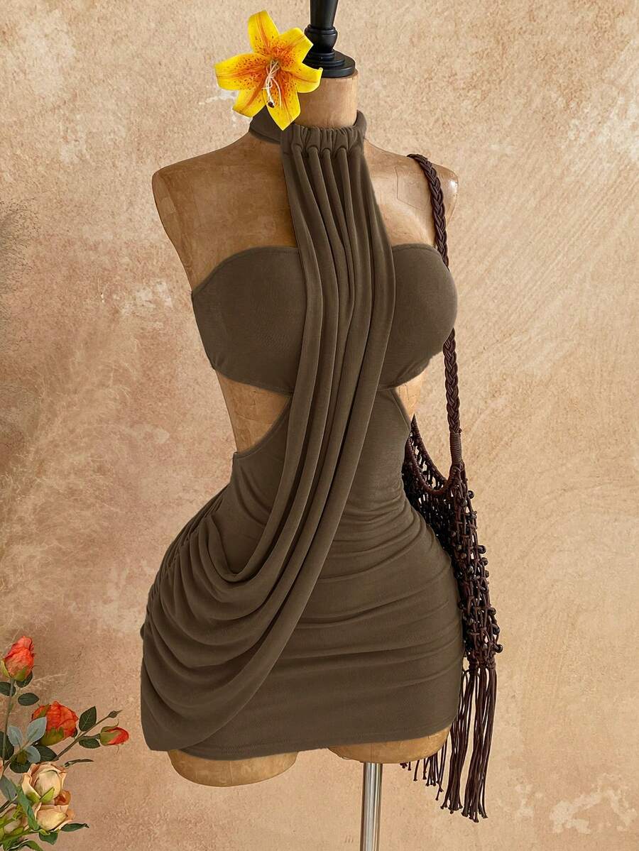 Soleia 女士春夏裹身不对称飘逸系带修身迷你连衣裙,适合约会、花园派对、下午茶、插花、波西米亚风、度假、复古、假日等场合 - 咖啡棕 - 查看 1