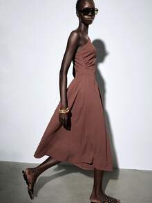 Vestido midi con volantes asimétricos en la cintura, estilo elegante francés, color marrón - Marrón - Ver 7