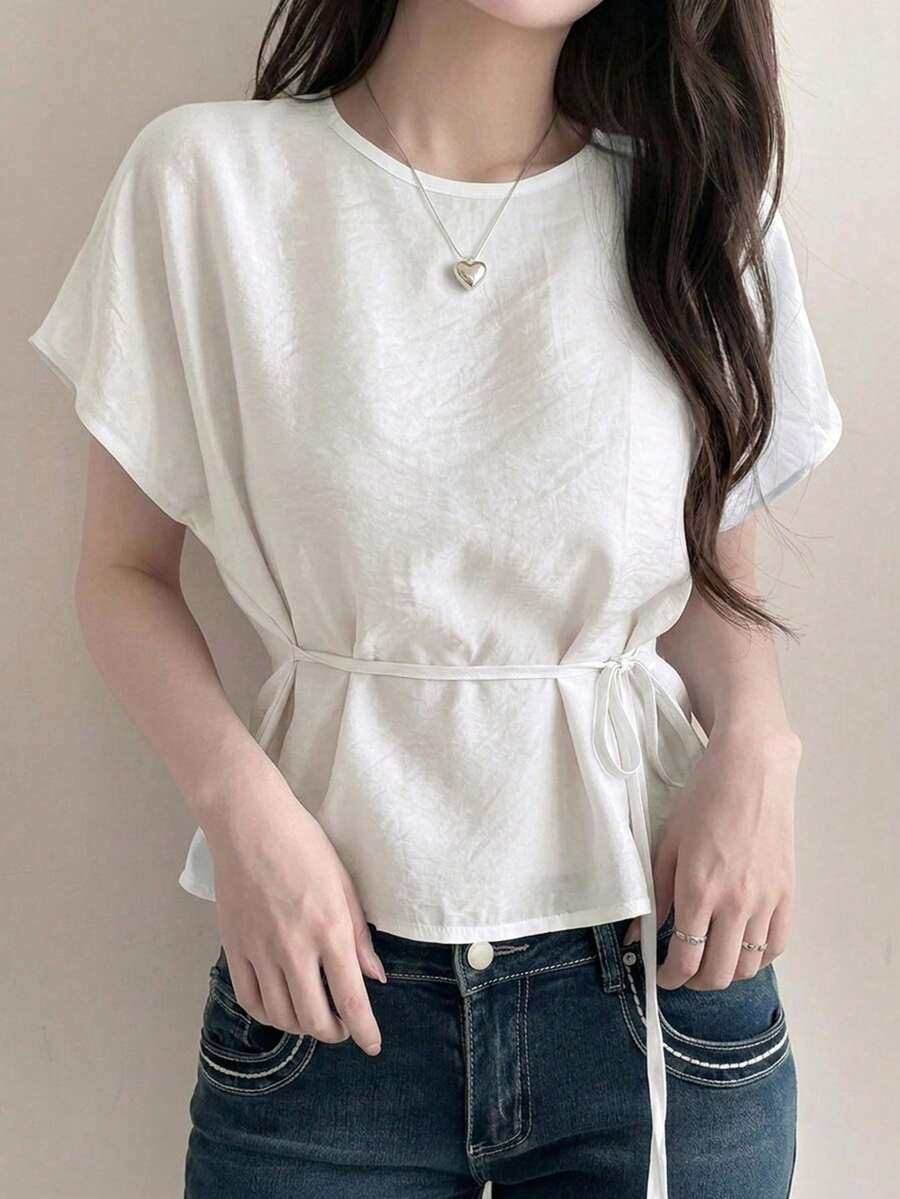 DAZY Women's Elegant Solid Color Batwing Sleeve Round Neck Blouse, Summer - Beige - View 1