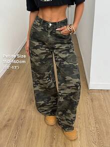 SHEIN Tall CURVE CURVE 大尺碼女款高腰迷彩喇叭腿牛仔褲 休閒得體 Grunge 風 日常夏季街頭風 約會正式外出褲 深綠色 - 軍綠色 - 查看 7