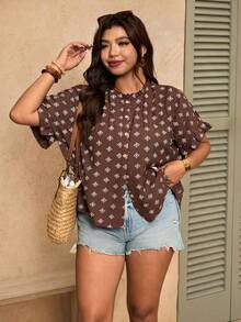 Elaquor Plus Size Women Floral Print Short Sleeve Casual Loose Blouse Brown Blouse For Women Casual Vacation Blouse For Women - Coffee Brown - View 2