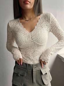 DAZY Women's Solid Color Lace Top With Scalloped Hem Going Out Tops Long Sleeve Women Tops - Beige - View 8