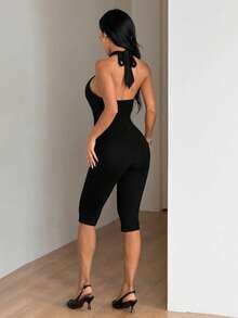 SHEIN ICON 女士纯色吊带系带性感休闲连体衣 - 黑色 - 查看 2