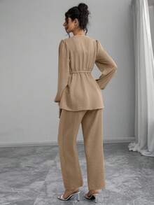 Momance 2 pièces Ensemble de maternité, Cardigan à manches longues avec boutons et fronces à la taille, Pantalon de maternité ample - Kaki - Voir 2