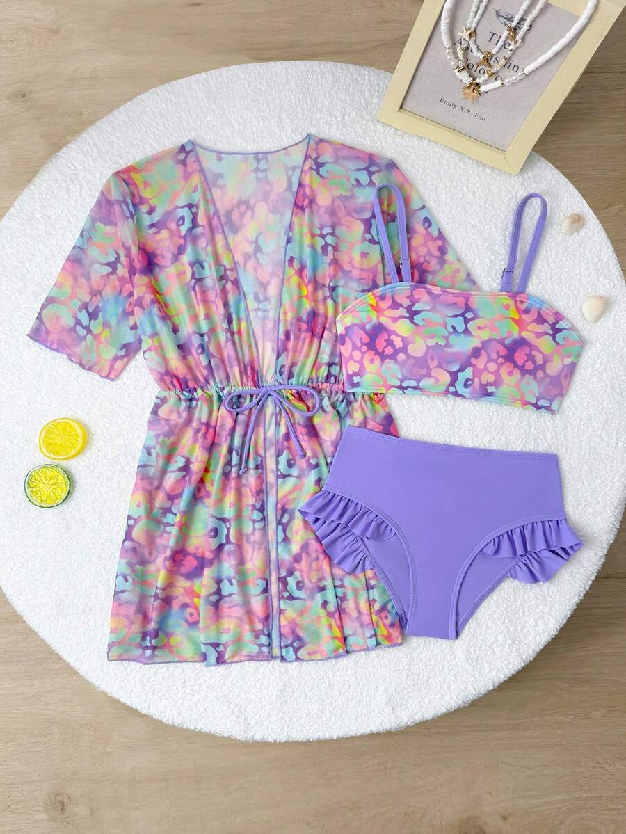 Tween Girl 3 Pieces Swimwear Set,Cute Leopard Print Sea Blue,Summer,Beach,Holiday Fashionable Tropical Matching Swim Suits For Teens Girls,Summer - Multicolor - View 1