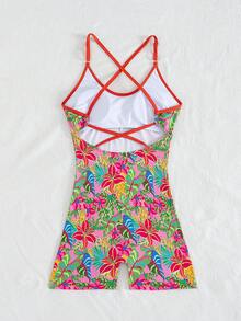 Swim Vcay 女款圓領細肩帶一件式泳衣，熱帶花卉與豹紋印花，板短褲泳裝，海灘穿搭 - 彩色 - 查看 4