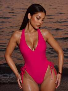 SHEIN Swim 2025 纯色露背吊带连体泳衣，适合度假和海滩夏季 - 紅色 - 查看 7