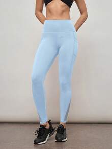 Activina Solid Color Mesh Patchwork High Waist Skinny Leggings - Baby Blue - View 6