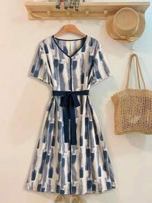 Rusticease Middle-Aged & Elderly Women's Fashion Versatile V-Neck Printed Tie-Waist Dress, Suitable For Vacation - Multicolor - View 3