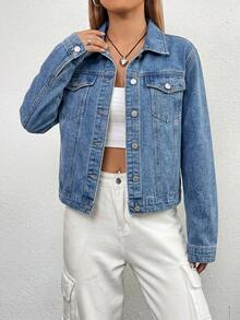 SHEIN EZwear 大码女式休闲时尚街头风短款牛仔外套，适合春秋季穿着 - 藍色 - 查看 3