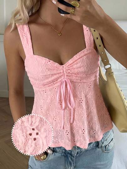 CovetEZ Kadınlar için Delikli, Bağlamalı, Günlük Tatil Askılı Bluz, Açık Pembe