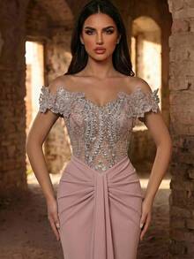 Glamrae Rochie elegantă și luxoasă, cu mâneci decupate, brodate cu mărgele, cu imprimeu de plasă și elastic, în formă de coadă de pește, potrivită pentru nuntă, petrecere, sărbătoare, rochie de seară (rezistentă) - Roz praf - Vizualizare 3