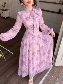 Modelyn 女士蓝色系带领褶皱腰身连衣裙，适合春秋季户外穿着 - 紫色 - 查看 8