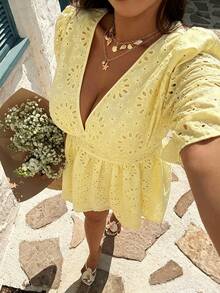 Vestido elegante de vacaciones de primavera/verano para mujer con cuello en V, mangas abullonadas, bordado, textura, botones, volantes en la cintura, talla grande - amarillo ganso - Ver 7