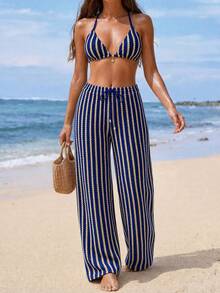 Breezaya Women's Casual Striped Bikini Set For Beach Vacation Summer - Blue - View 3