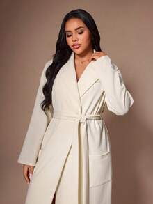 Lazeform Solid Color Waffle Knit Shawl Collar Open Front Tie Waist Plus Size Robe - Apricot - View 5