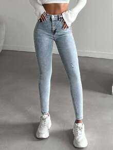 EURMUSE 99%Cotton High Waist Ripped Skinny Jeans - Light Wash - View 1
