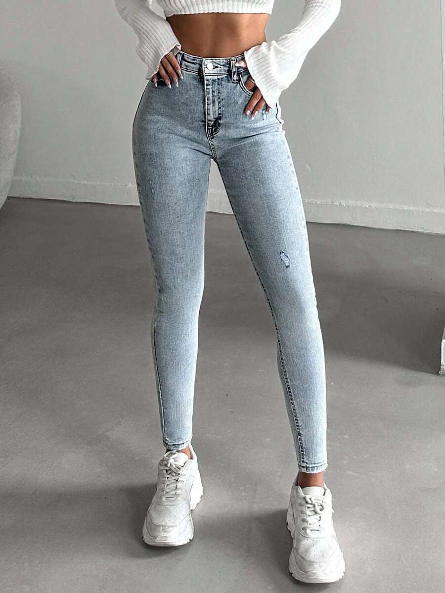EURMUSE 99%Cotton High Waist Ripped Skinny Jeans - Light Wash - View 1