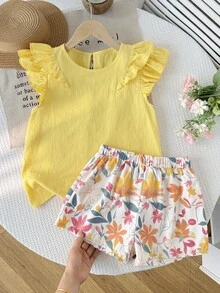 SHEIN Tween Girl Solid Yellow Shirt Blouse Top With Layed Ruffle Sleeve And Flower Print Shorts 2pcs Set Casual Minimalist Comfortable Round Neck - Yellow - View 12