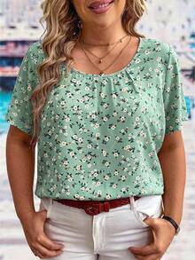 EMERY ROSE Plus Size Women Floral Print Ruffle Short Sleeve Fashionable Blouse - Green - View 1