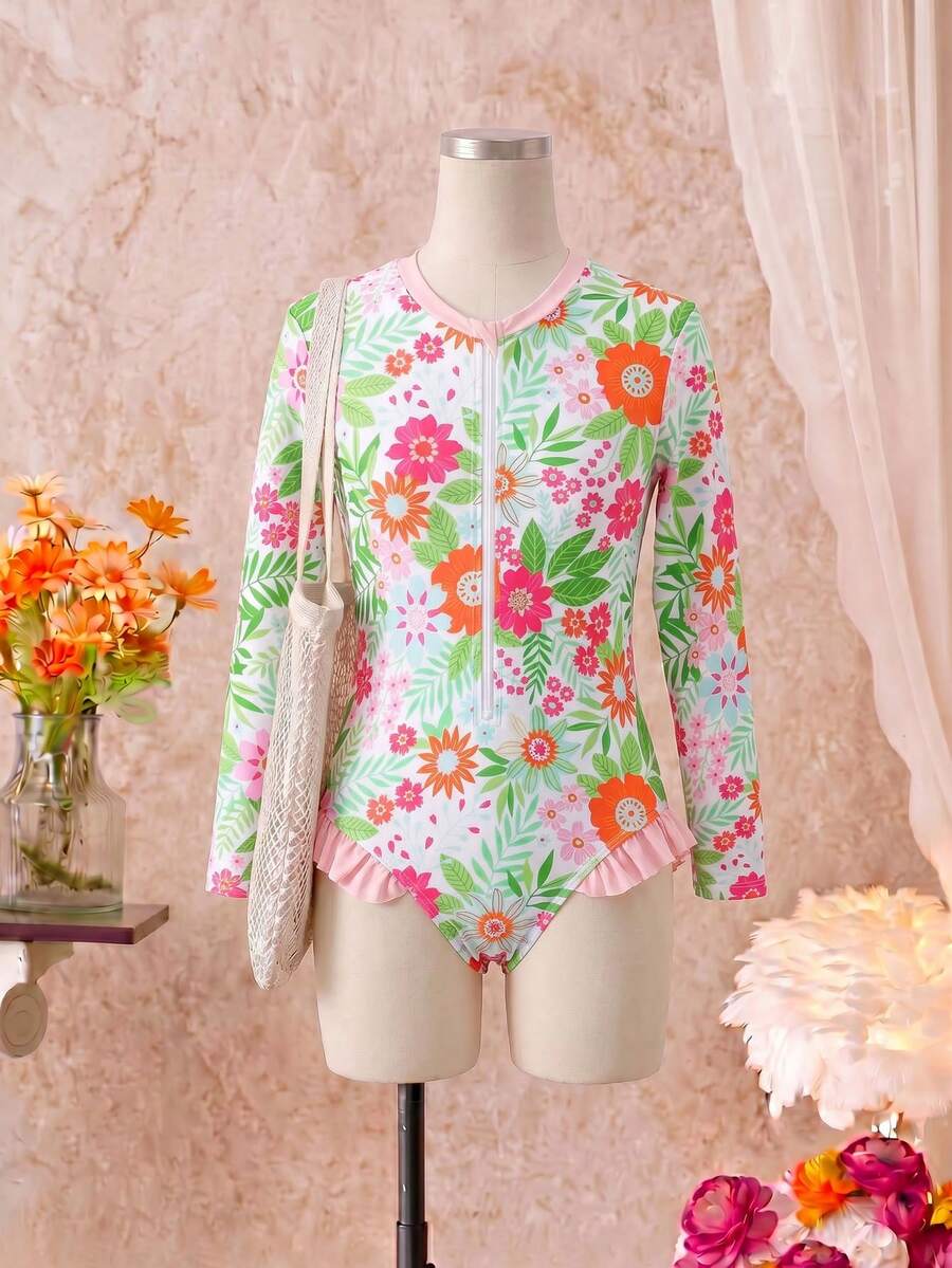 SHEIN 新款时尚少女印花长袖连体泳衣 - 淺粉色 - 查看 1