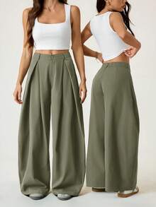 SHEIN PETITE Quần dài nữ mùa hè kiểu vintage năng động, phong cách đường phố, dáng rộng, màu xanh quân đội, ống loe, gấu quần cong. - Màu xanh Bạc hà - Xem 3