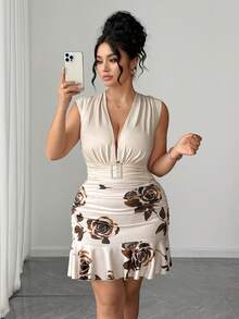 Elenzga Gaun Mini Bodycon Tanpa Lengan Motif Mawar Rajut Satin dengan Dekorasi Gesper Berlian Elegan untuk Wanita Ukuran Plus, Musim Semi/Panas - Aprikot - View 5