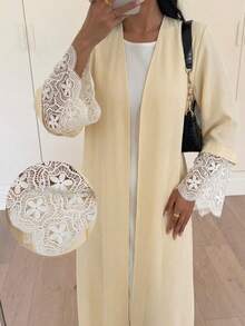 Veilorie Women's Elegant Patchwork Water-Soluble Lace Front Open Abaya Robe - Yellow - View 2
