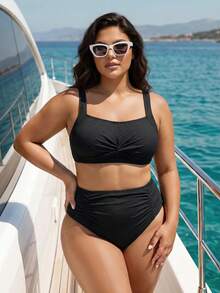 Swim Lushoire Plus Size Women 2pcs Solid Color Twist Front Ruched Tummy Control Bikini Set Set, Suitable For Vacation Party Beach White Summer - Black - View 5