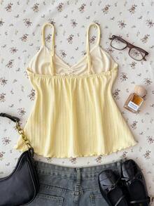 Teen Girl Girls Solid Yellow Textured Knit Fabric Summer Camisole,Elegant Color Suitable For Vacation,Casual,Home - Yellow - View 2