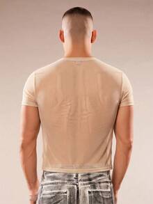FeverCity Men's Letter Rhinestone Decor Sheer Round Neck Short Sleeve T-Shirt - Khaki - View 2