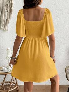 SHEIN Maternity Short Sleeve A-Line Midi Dress, Pullover Ruffle Sleeve Half Open Collar Dress - Yellow - View 2