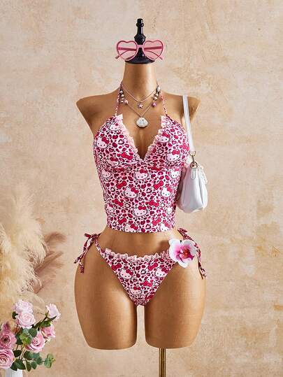 Swim Mod HELLO KITTY AND FRIENDS | SHEIN مجموعة ملابس سباحة نسائية كارتونية مطبوعة بنمط هالتر تانكيني لفصل الصيف
