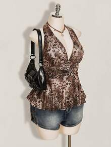 SHEIN ICON Plus Size Women's Chocolate Brown Summer 70's Leopard Print Top Y2K 80s 90s Retro Deep V Halter Neck Waist Gathered Loose Hem Night Brunch Party - Multicolor - View 8