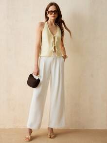 CielaLinda Women's Linen Tie-Front Bow Halter Backless Top, Solid Color Summer Cami Top - Light Yellow - View 5