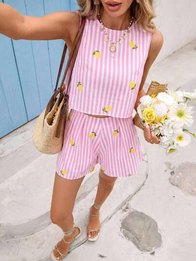 Vivid Eden Women's Summer Beach Casual Striped Lemon Print Camisole And Shorts 2 Pieces Set