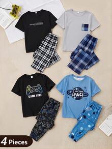 4pcs/Set Boys' Minimalist Gentleman Plaid Short Sleeve Solid Color Plaid Pocket Top + Colorful Game Console Print Short Pants Pajama Set - Multicolor - View 1