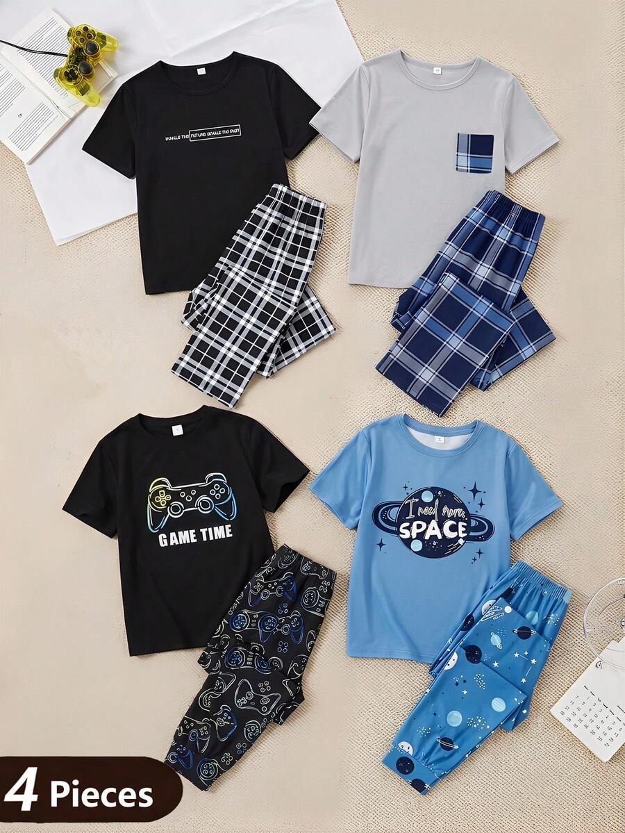 4pcs/Set Boys' Minimalist Gentleman Plaid Short Sleeve Solid Color Plaid Pocket Top + Colorful Game Console Print Short Pants Pajama Set - Multicolor - View 1