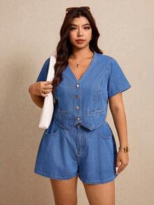 Elaquor Women Plus Size Dark Blue Summer Denim 2 Pieces Set,Casual Everyday V-Neck Single-Breasted Short Sleeve Top & Shorts,Comfortable Cotton Denim Outfits - Blue - View 8