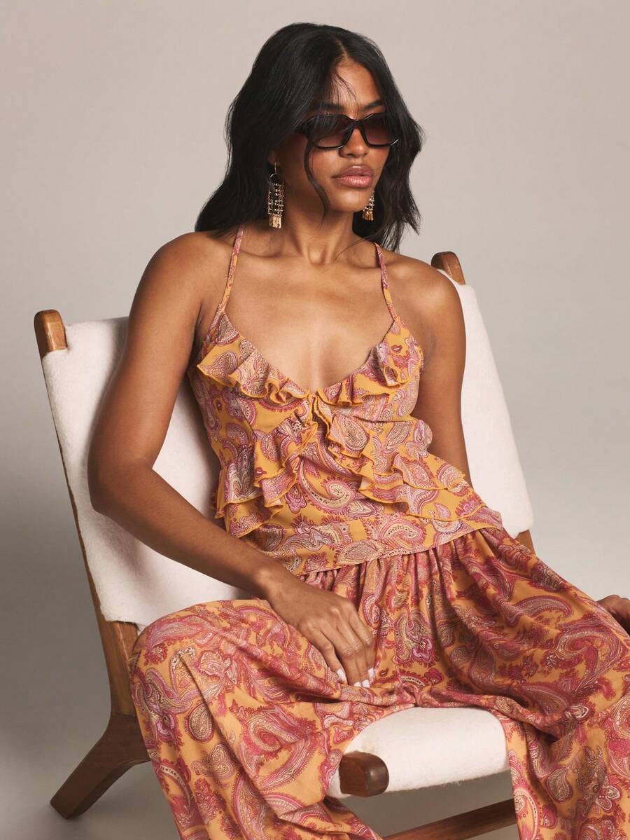 KSTM Paisley Print Ruffle Cami Top With Crossback Straps V-Neck Tie Detail Summer Vacation Boho Sleeveless - Multicolor - View 1